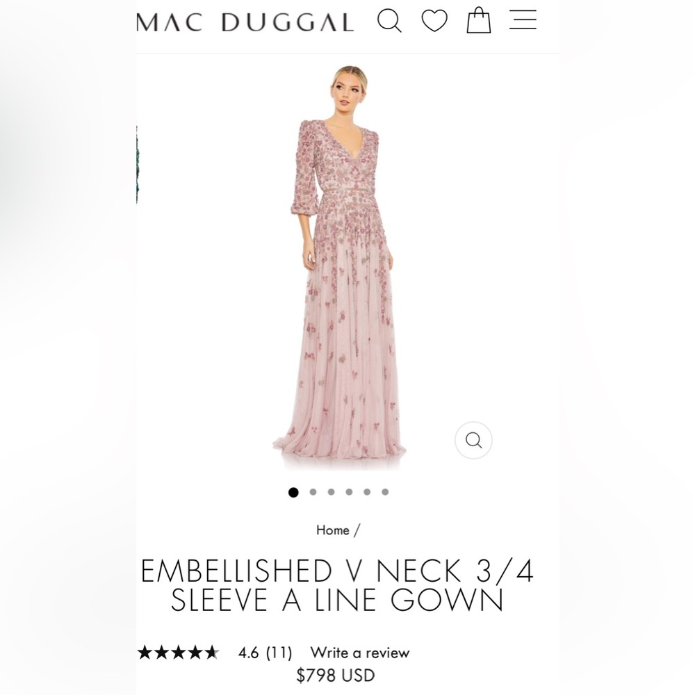 Mac Duggal Rose Pink Embellished V-Neck 3/4 Sleeve A-Line Gown